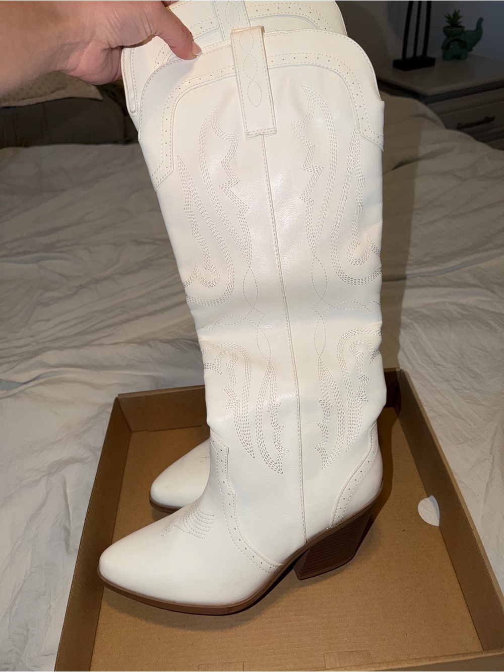 Sugar White Western Knee-High Heeled Boots